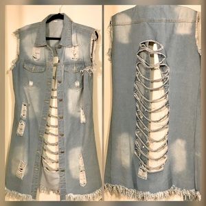 Long denim distressed vest